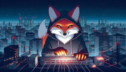 A Kitsune Japanese fox spirit hacking into a city&rsquo;s power grid