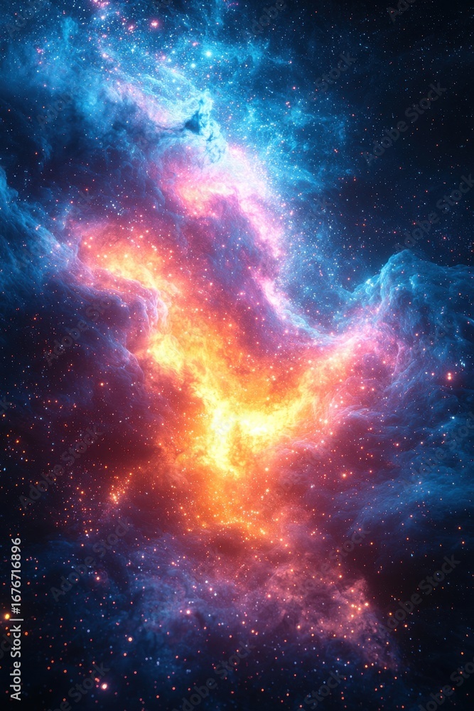 Poster vibrant nebula with exploding bright colors in vast galactic space