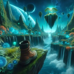 Surreal D landscape floating islands with waterfalls bioluminesc