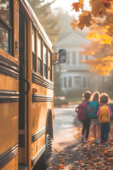 Children step off a yellow school bus toward a large school building; autumn leaves and sunlight evoke warmth, motion, and nostalgic energy. Back To School concept.