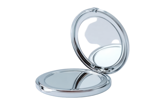 Silver compact mirror open, reflecting light
