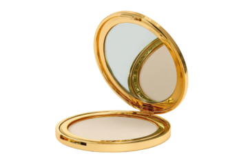 Gold compact powder case open, displaying off-white powder