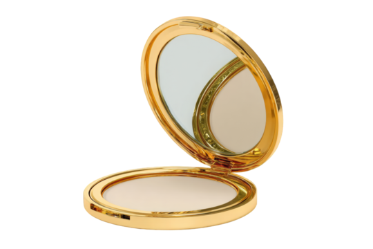 Gold compact powder case open, displaying off-white powder