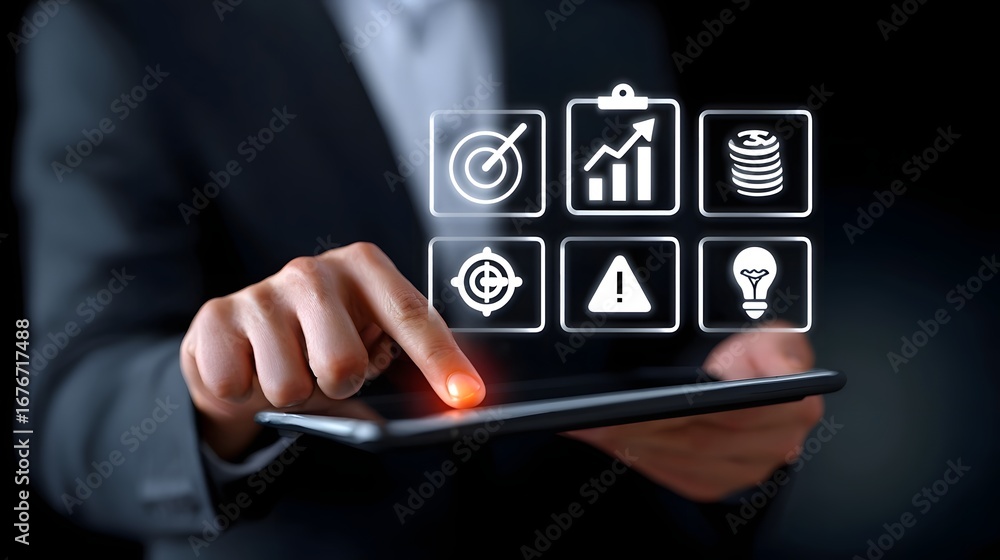Poster a person in a suit using a digital tablet with various business analytics and technology icons displ