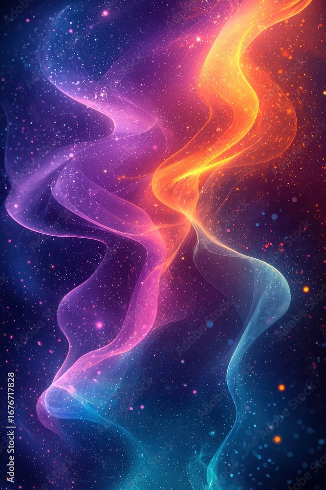 Poster vivid colorful abstract waves with light effects and glowing particles