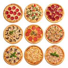 Delicious Pizza Variety Nine Gourmet Pies Isolated On Transparent Background
