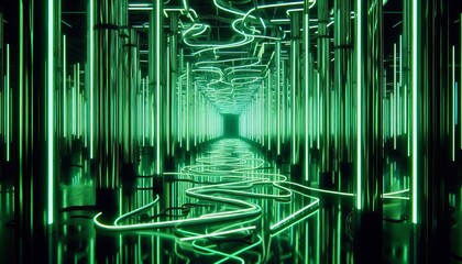 A neon maze of glowing green tubes weaving through a dark hall c