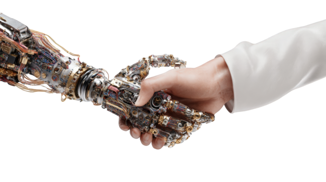 Futuristic robot hand shaking human hand
