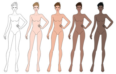 Colored skin tones fashion croquis figurines with hand on hip short hair woman in vector.