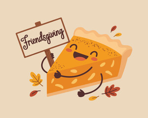 Cute pumpkin pie slice celebrating friendsgiving
