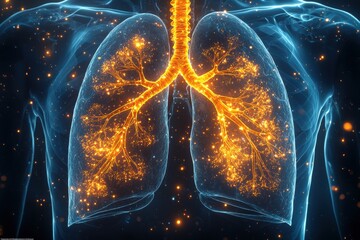 Illustration of human lungs emphasizing respiratory system and glowing bronchial network