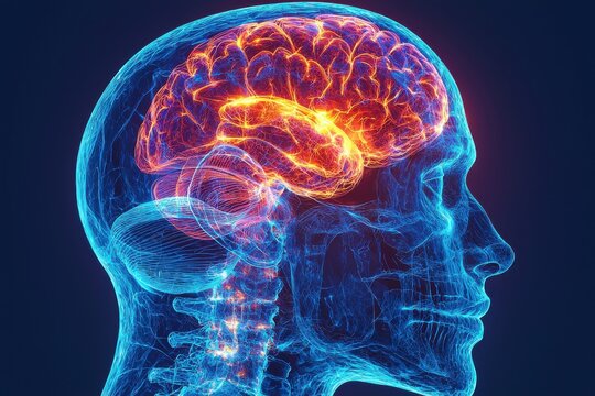 Conceptual illustration of a human brain with fiery neural activity