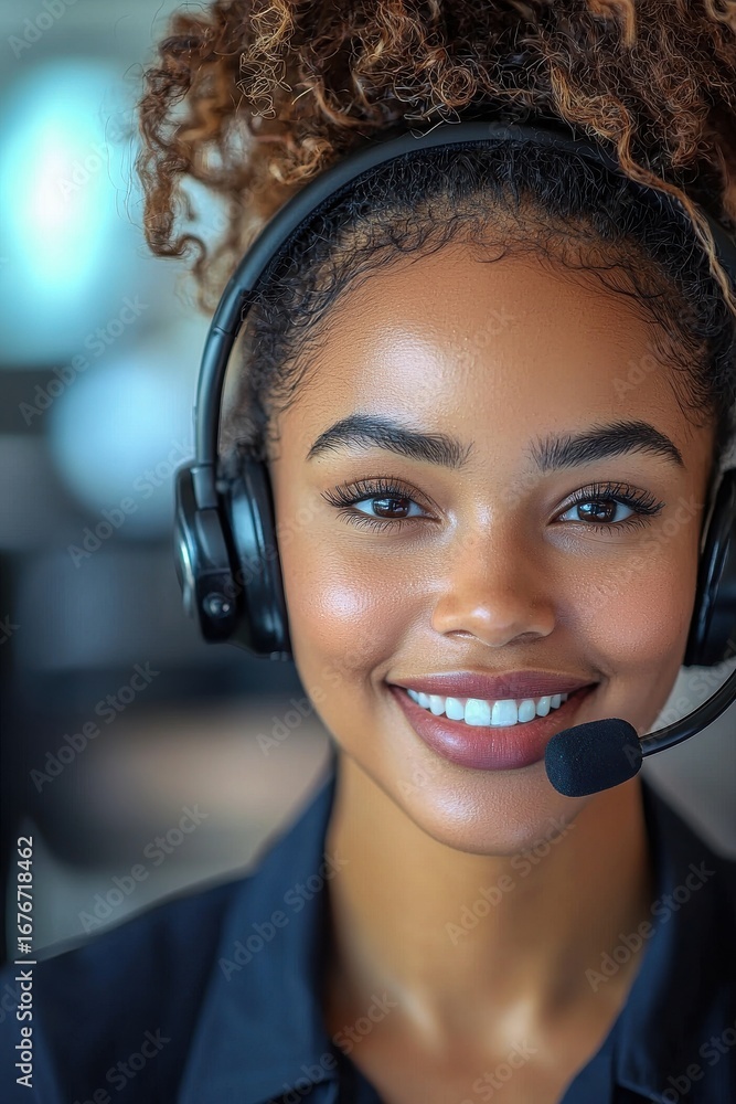Poster bright and professional call center worker with a friendly and smiling demeanor