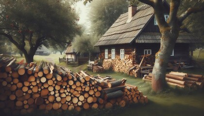 A pile of firewood stacked neatly beside a countryside cottage