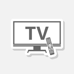 Smart TV with remote control icon sticker isolated on gray background
