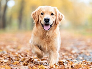 Happy Golden Retriever in Autumn Leaves