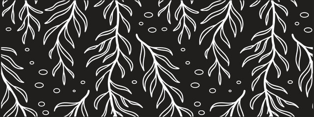 Seamless black and white botanical pattern with abstract leaves and decorative dots. Minimal monochrome floral background for textile, wallpaper, and wrapping. Elegant line art nature design.