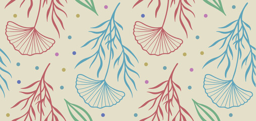 Seamless botanical pattern with abstract leaves, branches, and dots in colorful design. Modern floral background for fabric, wallpaper, and wrapping. Artistic nature illustration in retro style.