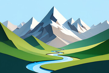 Minimalist Mountain River Valley Landscape Graphic