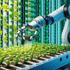 A robot arm planting seeds in a hydroponic vertical farm