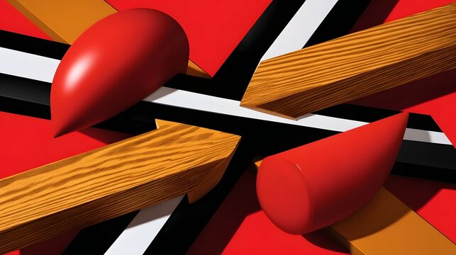 Striking abstract image featuring an arrangement of geometric red and orange shapes against a contrasting black background, creating a dynamic and visually compelling design.