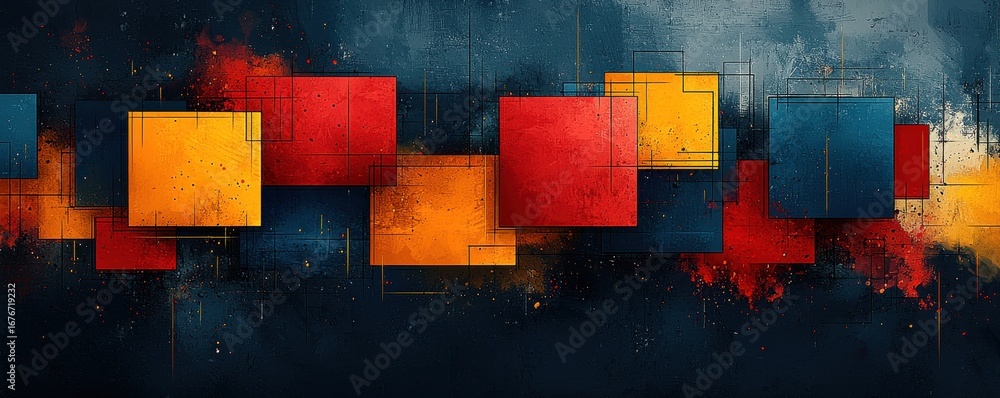 Poster colorful abstract design with geometric squares on a textured dark background