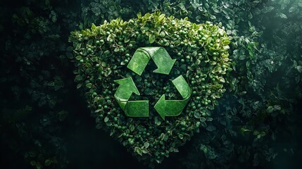 A green recycle symbol made of leaves surrounded by foliage and small green berries in dark lighting
