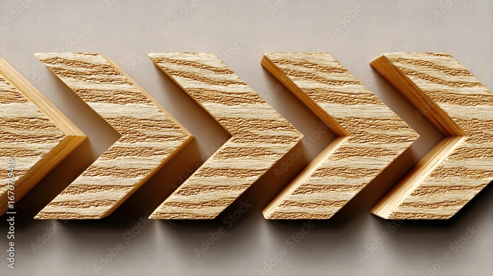 Poster a close-up image of a series of wooden panels arranged in an arrow-like pattern, displaying a natura
