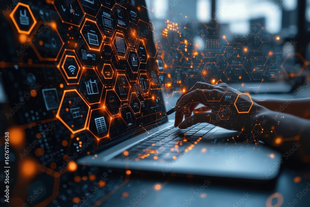 Poster hands typing on laptop surrounded by digital system interface in futuristic style