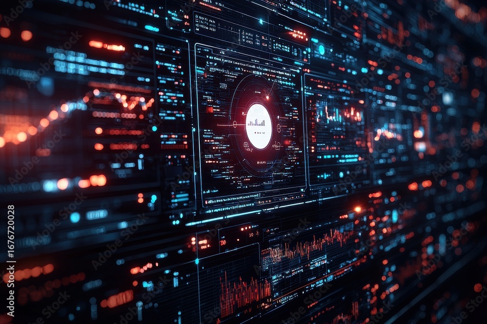 Poster data visualization dashboard with glowing digital analytics and orange highlights