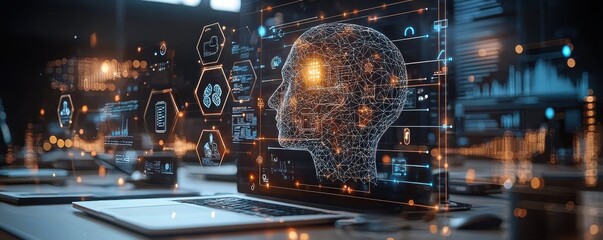 Futuristic digital visualization featuring artificial intelligence and data processing concepts