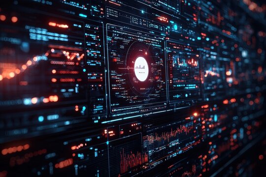Data visualization dashboard with glowing digital analytics and orange highlights
