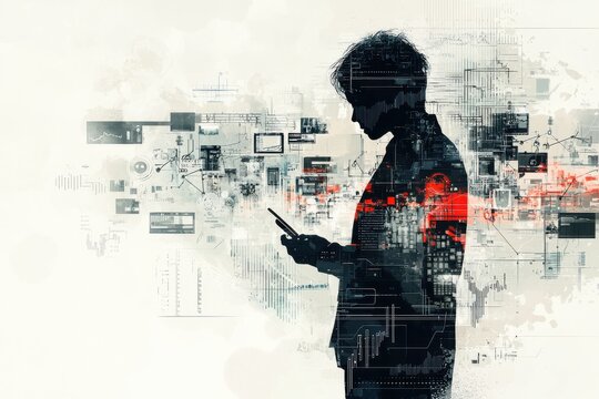Silhouette of a Person Overlaid with Complex Digital Graphics and Charts - Powered by Adobe