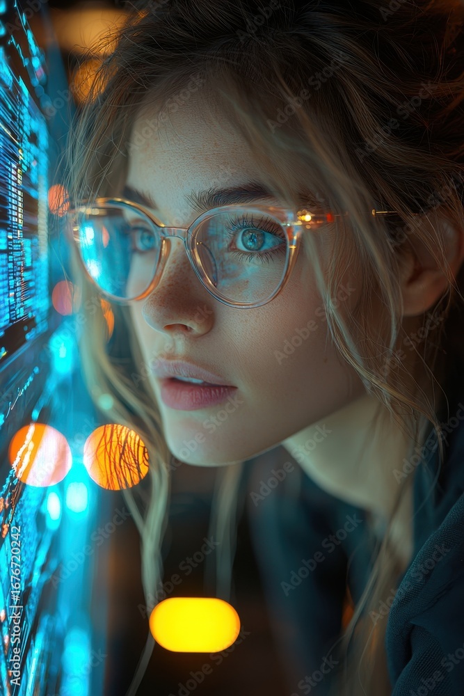 Poster focused professional analyzing data through futuristic digital interface displays