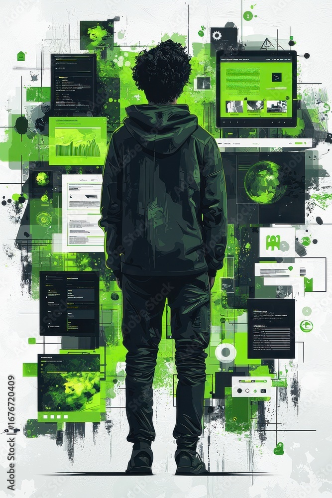 Poster person observing a digital interface with data visualization