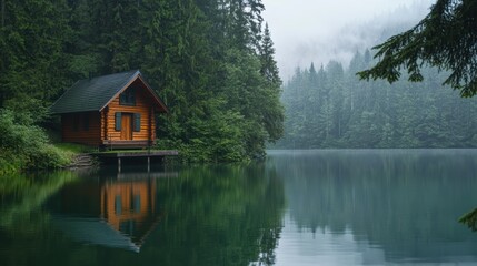 Fototapeta premium A tranquil log cabin by a serene lake, surrounded by lush forests and misty mountains, reflecting beautifully in the calm water.