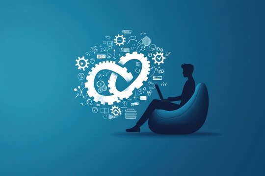 Infinity symbol with digital concept above a person working on a laptop