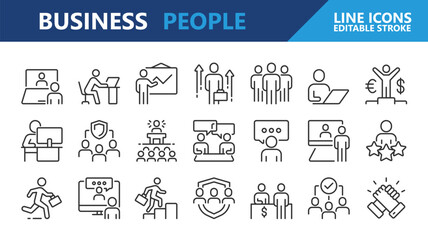 Business management icons. Business people line icon set. Editable Stroke.