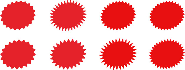 Set of sale sticker, price tag, starburst, sunburst badges, quality mark, sunburst badges, retro stars. Wavy edge. Star burst shape. Promo stickers with star edges. Sale or discount. Vector or PNG .