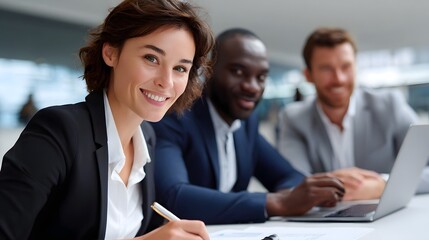 A diverse group of business professionals working together on a laptop during a productive meeting in a modern office setting