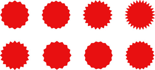 Set of sale sticker, price tag, starburst, sunburst badges, quality mark, sunburst badges, retro stars. Wavy edge. Star burst shape. Promo stickers with star edges. Sale or discount. Vector or PNG .