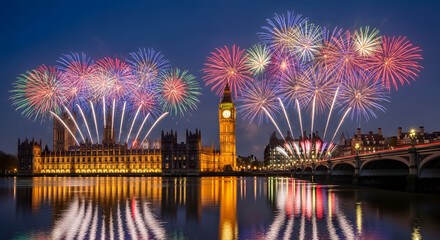 Naklejka premium Spectacular fireworks illuminate the Houses of Parliament and Big Ben over the River Thames in London at night, reflecting vibrant colors.