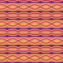 Vibrant ethnic geometric pattern featuring undulating lines and diamond shapes in a rich, warm color palette, creating a bold and decorative background