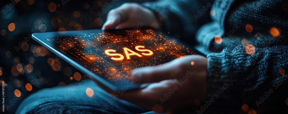 Poster man holding a digital tablet displaying glowing text against a cosmic background