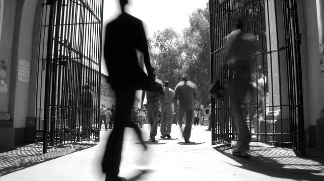 A high-security prison gate slowly opening, with prisoners walking out into an empty courtyard, their figures blurred as they step toward freedom, representing the moment of release from confinement.