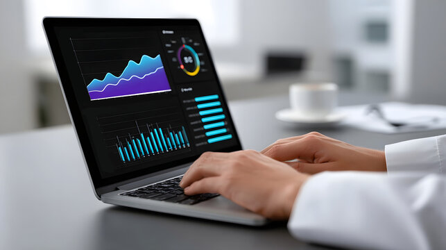 A person using a laptop to view a data analytics dashboard with charts, graphs, and performance metrics.
