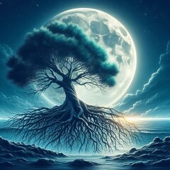 A tree with roots that dig into the ocean its branches reaching