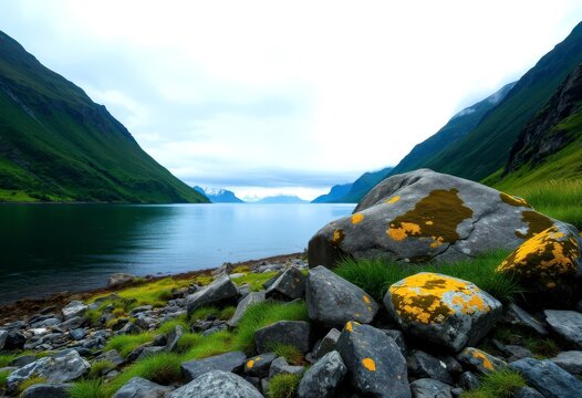 Stony beach by the fjord, Lodingen, Lofoten, Norway