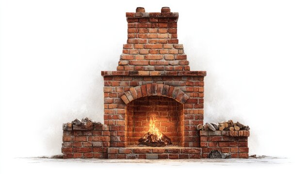 Outdoor brick fireplace with burning fire