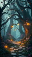 Fantasy Woodland Path Illuminated by Lanterns